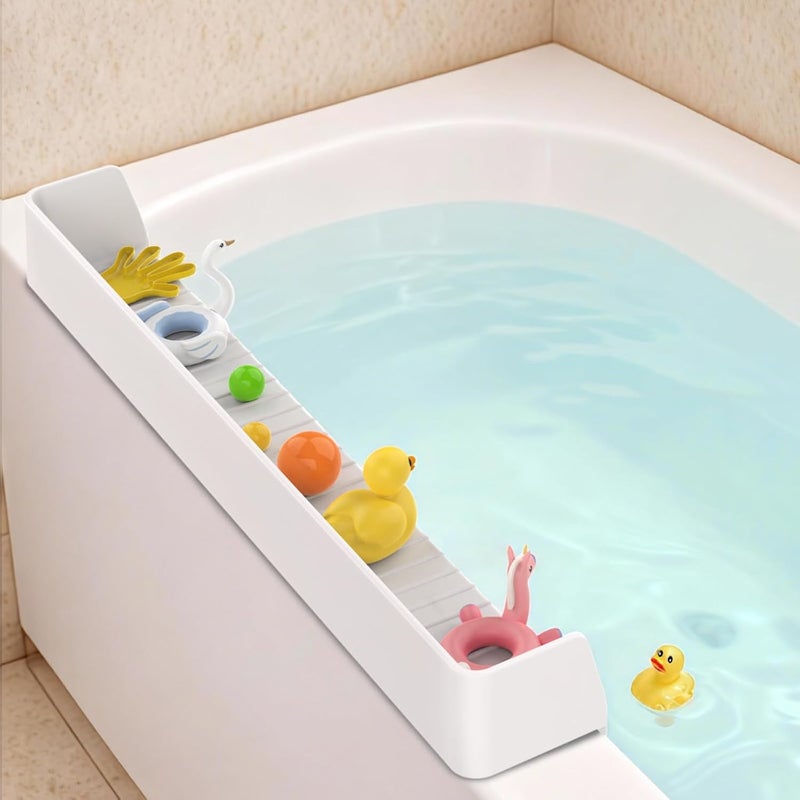AyNirser Bathtub Splash Guard Play Shelf Over Tub 31” with Strong Suction Cups, Silicone Tub Water Guards Toy Tray Holder No Mess Water Spill in Bathroom-White - Image 1
